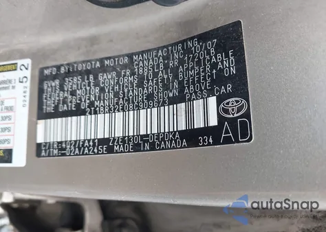 2008 Toyota Corolla Ce из США, поврежденный, VIN 2T1BR32E08C909673